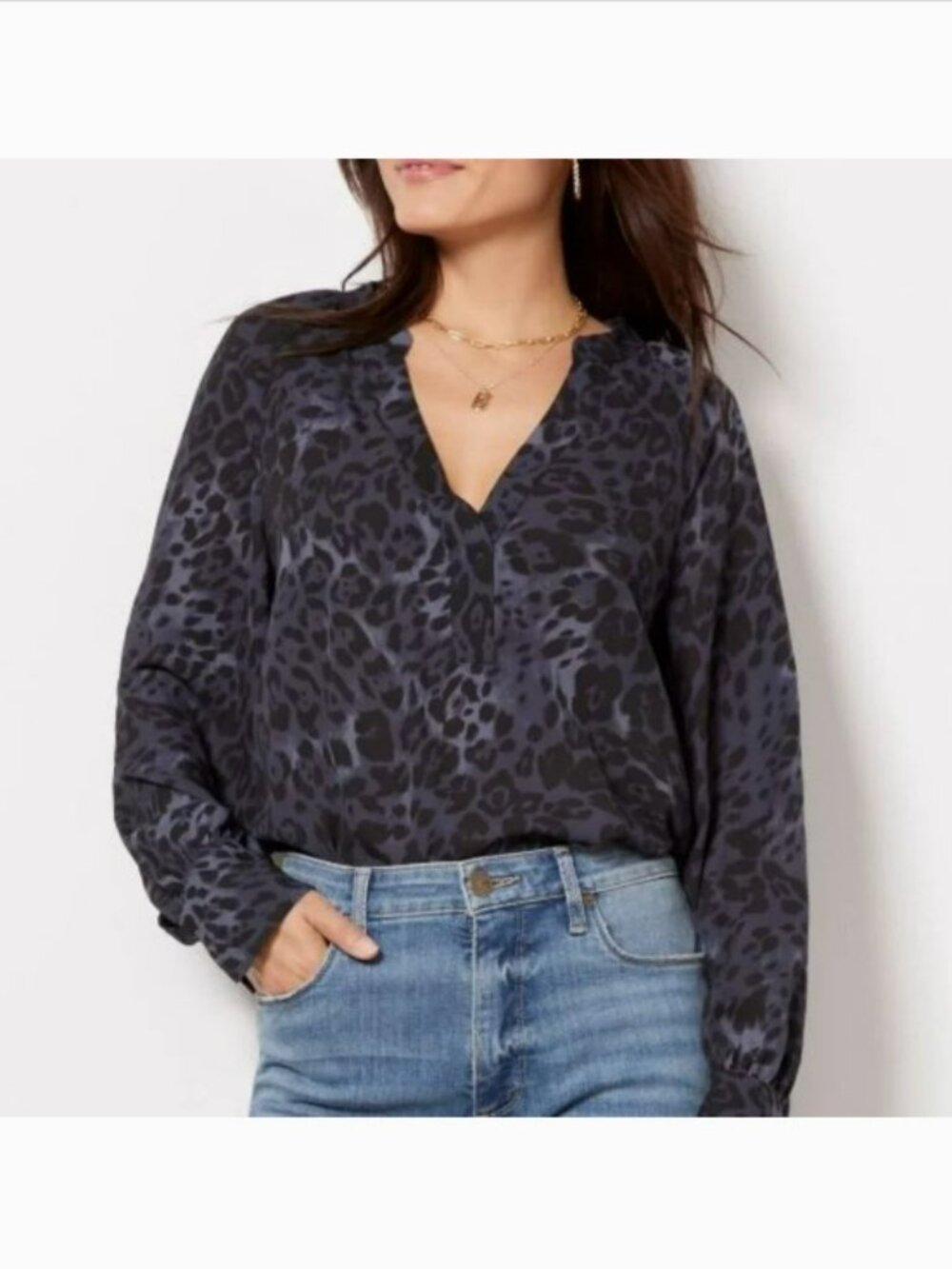 Evereve Gabbie Blue and Black Leopard Print V-Neck Blouse GUC sz XS
